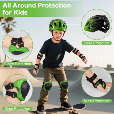 Дитячий шолом Kinderhelm для велосипеда, 3-8 років, регульований, захист для дівчаток, комплект наколінників (зелений/чорний)