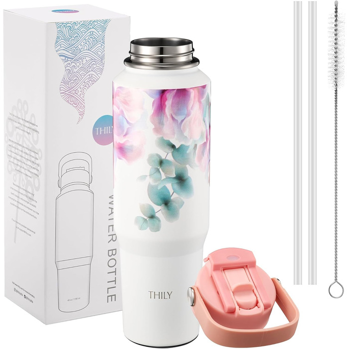Термос THILY з нержавіючої сталі з кришкою та трубочкою, 1.2л, спортивний, двостінний, з широким горлом, зберігає напої холодними/гарячими цілий день, колір Лаванда (F40 - Рожеві Лілії, модель C: ручка на кришці + компактна основа)