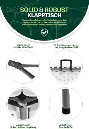 Складаний туристичний стіл Blumixx 180x74x74 - Легкий, стабільний, для кемпінгу, саду, балкону, фестивалів та відпочинку на природі. Погодні умови, 1 шт.