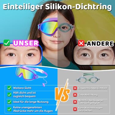 Дитячі окуляри для плавання Vvinca з носовими затискачами, широким кутом огляду, захистом від запотівання та УФ-фільтром, водонепроникні, для дітей 3-14 років (хлопчики та дівчатка)