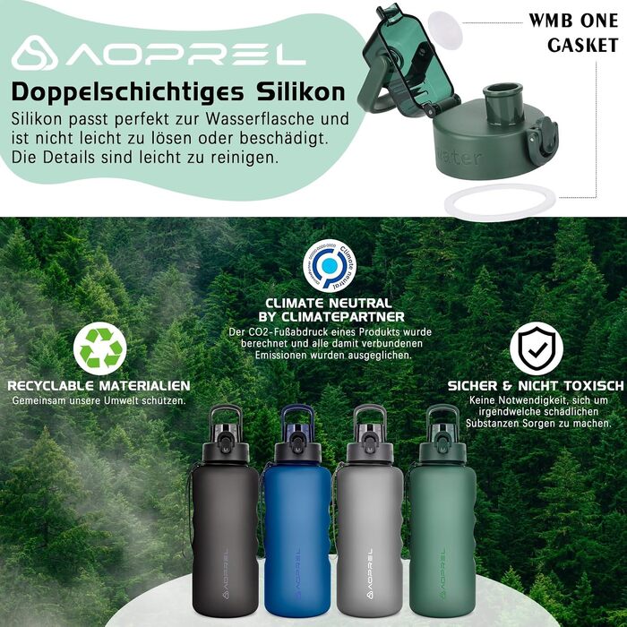 Спортивна пляшка для води AOPREL 1.5L з фільтром, Tritan BPA-free, герметична пляшка для фітнесу, походів, школи та офісу (Зелена)