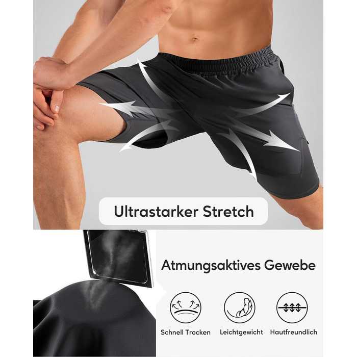 Шорти чоловічі Niksa 2er Pack 2-в-1, спортивні, швидковисихаючі, дихаючі, з кишенею для телефону, чорні, розмір XL