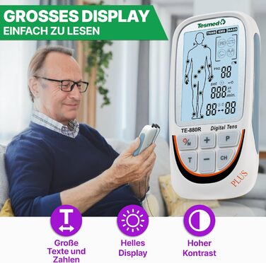 TESMED TE-880R Plus: Музелелектричний стимулятор TENS EMS, пристрій для зняття болю та масажу, 73 програми (2 налаштовуються), 8 електродів