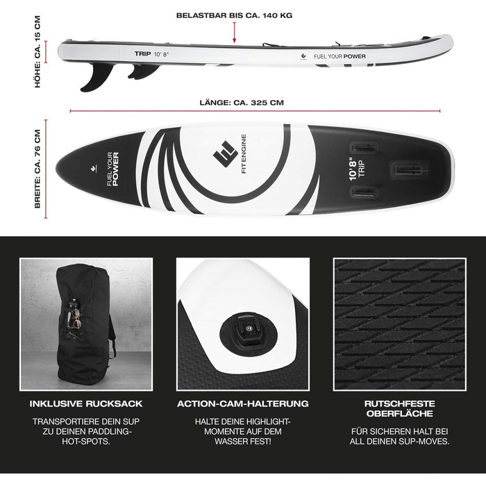 Надувна SUP-дошка FitEngine Allrounder 12', 365 см, комплект: весло, насос, drybag, чохол для телефону, drop-stitch технологія, універсальна для дітей і дорослих