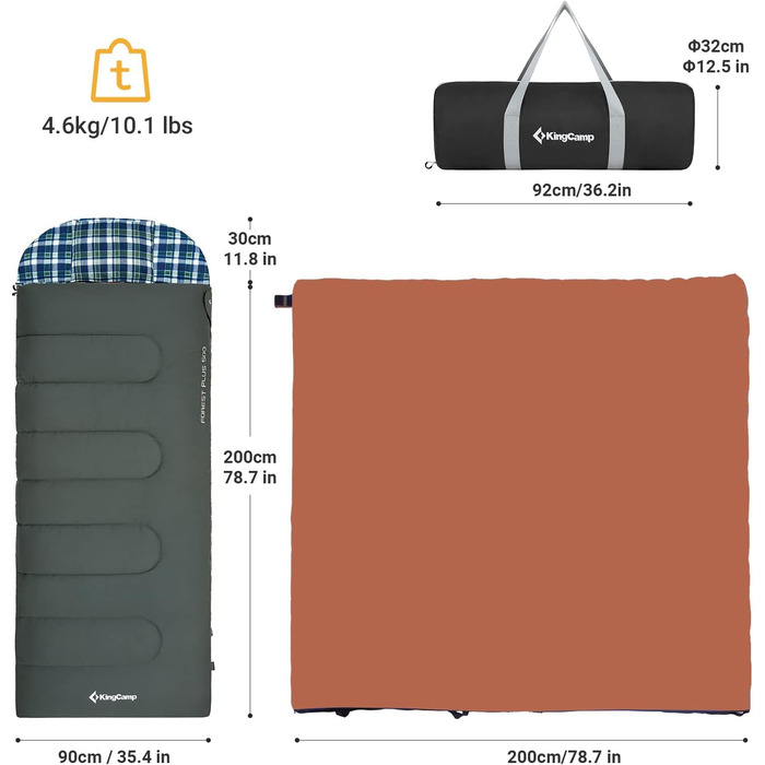 Сплячий мішок KingCamp для дорослих 3 в 1 з знімною ковдрою, зимовий, XXL, бавовна фланель, легкий, портативний, теплий (оливковий, наповнювач 500г/м²)