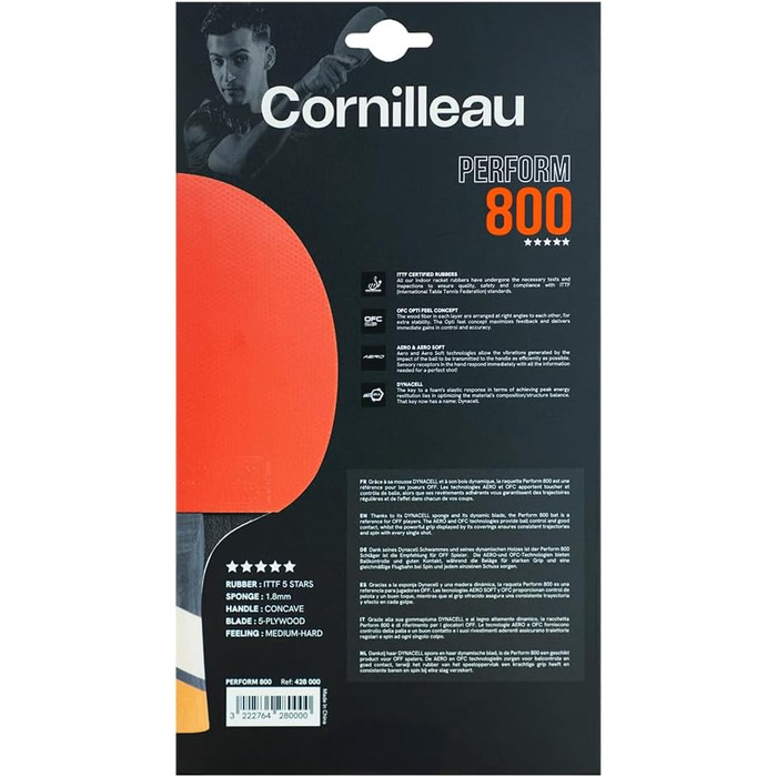 Ракетка для настільного тенісу CORNILLEAU Perform 800 Indoor — професійна, ITTF-накладки (5 зірок), технології AERO та OFC для максимального спіну, 5-шаровий дерев'яний лист