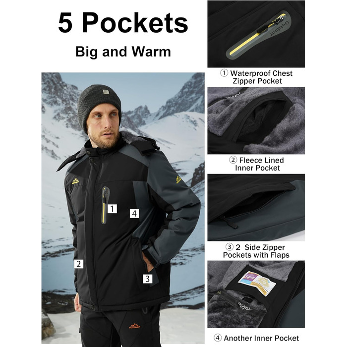 Чоловіча флісова куртка MAGCOMSEN на зиму. Тепла, з підкладкою, для катання на лижах, туризму та кемпінгу. Вітро- та водонепроникна, з капюшоном. Розмір XL, чорно-сіра.