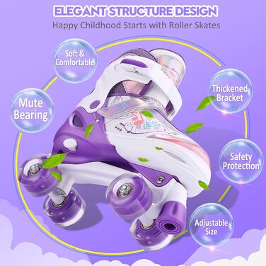 Дитячі ролики Hikole, регульовані, 4 колеса, світлові ефекти, для початківців, фіолетові