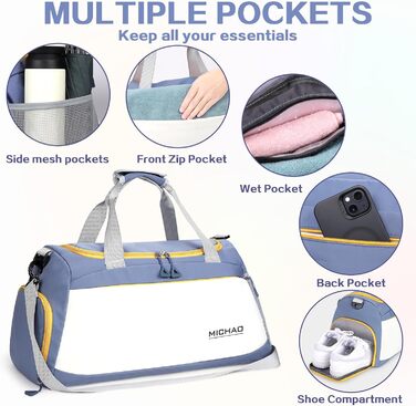 Спортивна сумка-рюкзак для подорожей та спорту, 48x23x27 см, з відділенням для взуття та мокрих речей, водонепроникна, для жінок та чоловіків (білий+синій)