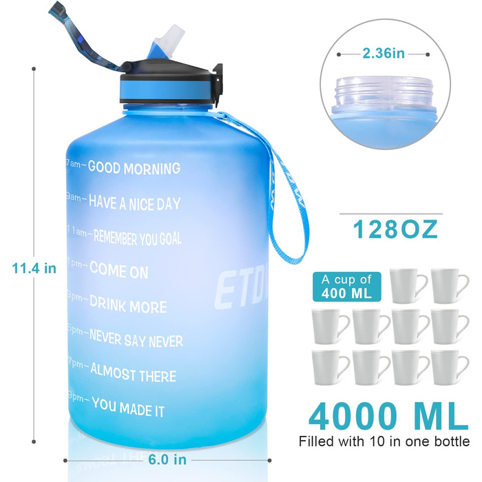 Спортивна пляшка для води 3,78 л з позначеннями часу та трубочкою, BPA Free, витокозахисна, блакитна (3800 мл)