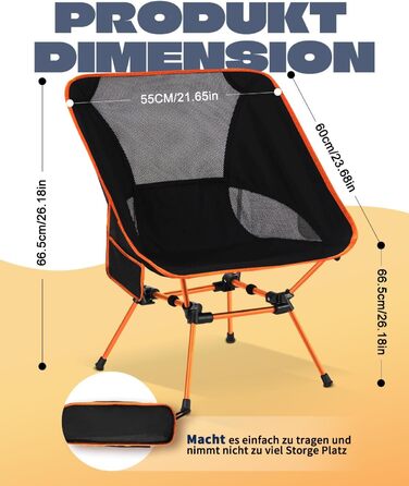 Складний туристичний стілець для кемпінгу з сіткою та кишенями, вантажопідйомність 150 кг, оранжевий