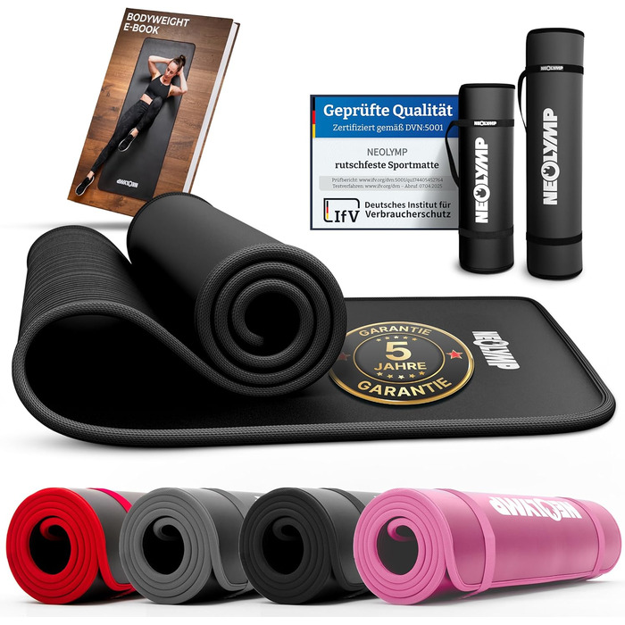 NEOLYMP Fitness Mat: Товста, неслизька килимок для фітнесу з електронною книгою та ремінком - для йоги, пілатесу, спорту, тренувань, сірий | 61 см