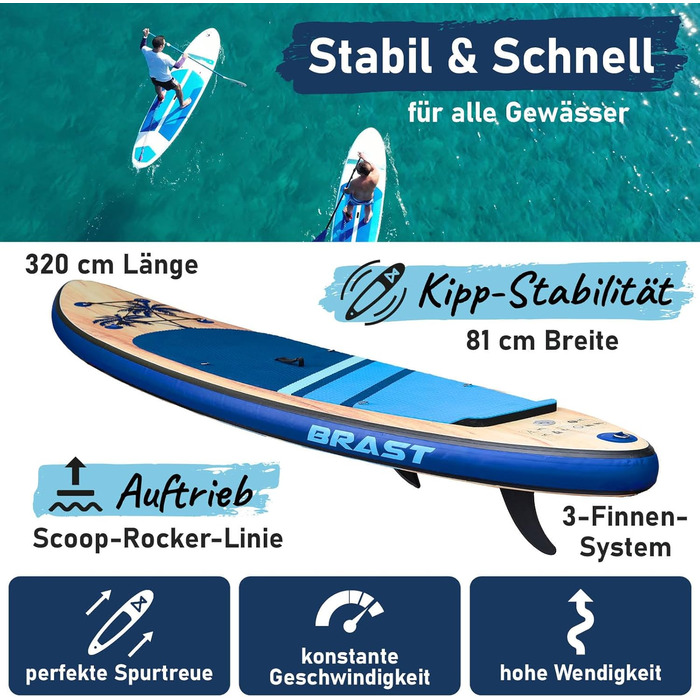 Надувний SUP Борд BRAST Tropic | Комплект для станд-ап паддлбордингу | 320x81x15см | 6 дизайнів | 5 років гарантії | з аксесуарами | 2в1: SUP та каяк, крісло, тримач Action-Cam, петля для ніг, насос, рюкзак (Блакитний)