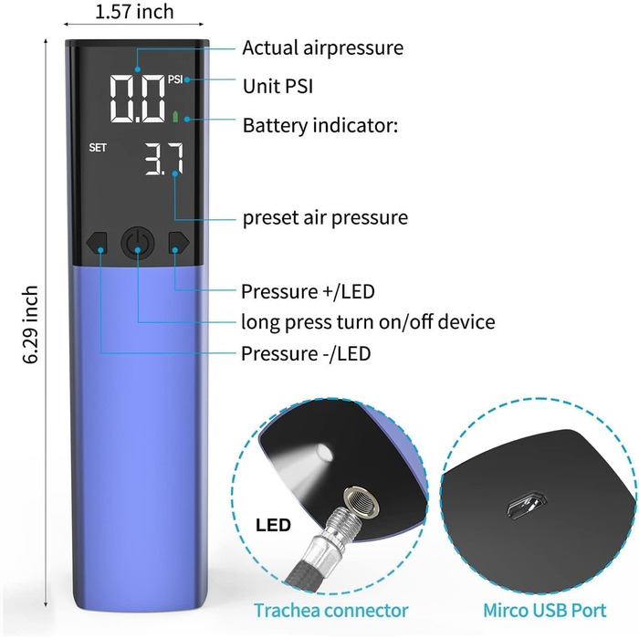 Електричний насос для м'ячів з манометром та LCD-дисплеєм (2 голки, 1 насадка) - для футболу, баскетболу, волейболу, блакитний