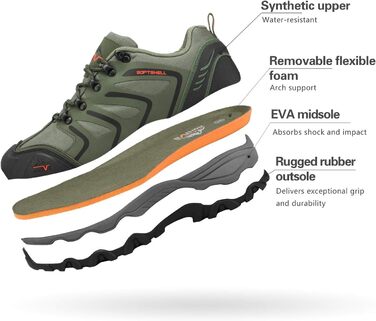 Чоловічі водонепроникні трекінгові черевики NORTIV - низькі, легкі, для хайкінгу, кемпінгу, туризму (44 EU, широка колодка, армійний зелений, чорний, помаранчевий)