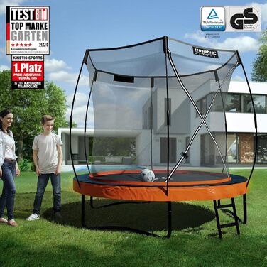 Трамплін KINETIC SPORTS Ultimate Pro Outdoor Ø 244/305/366/427 см – сертифікат TÜV Rheinland GS, з драбиною, скловолоконна сітка, дизайн 'Курча', для саду, до 160 кг (Sunset Orange)