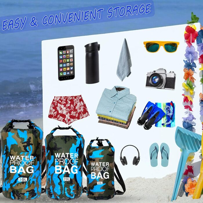 Водонепроникна сумка Dry Bag об'ємом 10L, 20L, 30L з регульованим плечовим ременем для плавання, рафтингу, кемпінгу, риболовлі, катання на човні, походів, каякінгу. Колір: блакитний (3000)