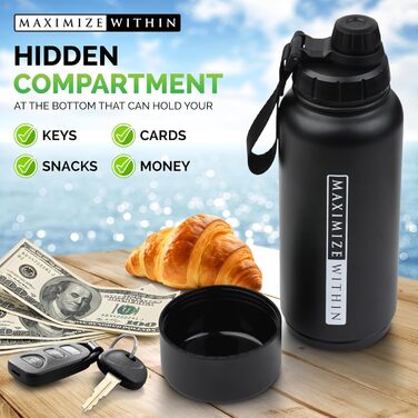 Термос-пляшка з нержавіючої сталі, вакуумна ізоляція, потрійна стінка, з подвійним кришками (соломинка та виливний носик) + приховане відділення для зберігання, без витоку, багаторазове використання, чорна туристична термопляшка