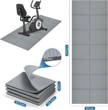 Килимок під тренажер PVC 173x61x0.6 см, захисний шумопоглинаючий мат для бігової доріжки та йоги, водонепроникний (сірий)