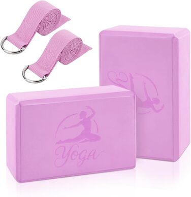 Набір для йоги: 2 блоки EVA + 2 ремені для йоги (рожеві), 22.9х11.4х9.5 см, щільний пінопласт, без латексу, для пілатесу та стречингу