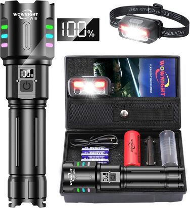 Ліхтарик WOWNIGHT LED акумуляторний, тактичний, 5 режимів, регулювання яскравості, для кемпінгу та надзвичайних ситуацій, чорний