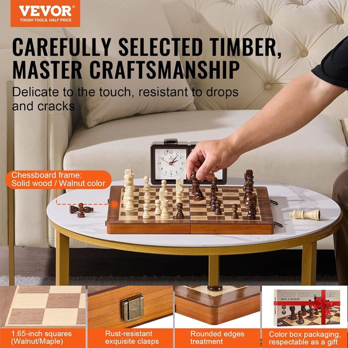 Магнітний шаховий набір VEVOR з дерева 2-в-1, шахи-шашки, складаний, для дорослих та дітей, портативний, для подорожей та турнірів, професійний, для початківців