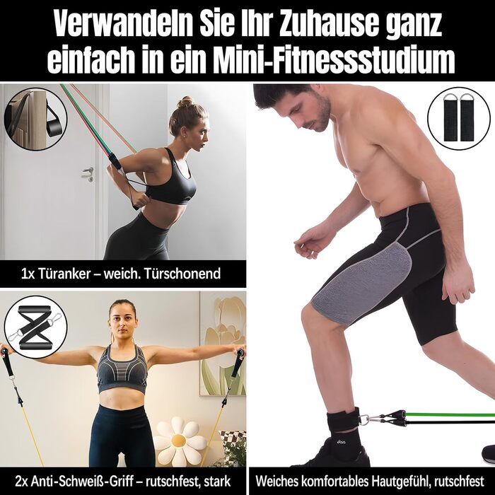 Фітнес-гумки Bindokun: набір з 5 еластичних стрічок для силових тренувань, фітнесу, пілатесу. З ручками, фіксаторами для ніг та дверей. Для жінок та чоловіків.