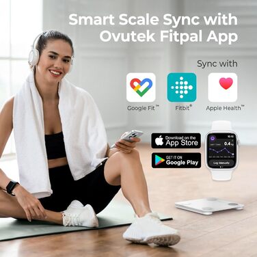 Ваги Ovutek для тіла з аналізом складу: жир, м'язи, вода, BMI. Максимальне навантаження 180 кг, великий дисплей, фітнес-додаток. Білий колір