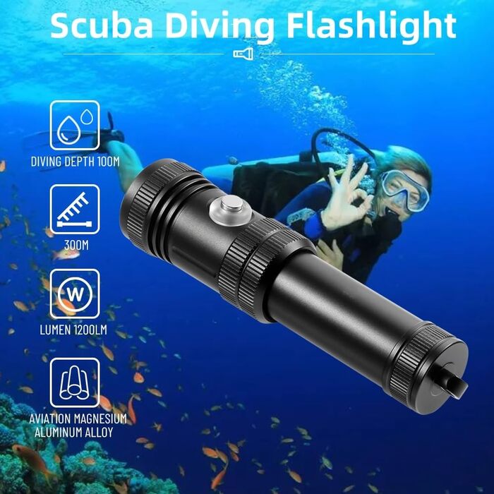 WindFire Перезаряджувана водонепроникна дайверська ліхтарик для дайвінгу та снорклінгу, 4 режими освітлення, індикатор заряду