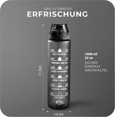 Фляга спортивна Roe Tenpo 1L, Tritan, без BPA, витримує миття в посудомийній машині, чорна