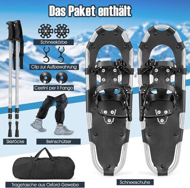 Снігоступи Costway з підйомною системою, розмір 38-45, подвійна фіксація, алюмінієвий каркас, трекінгові палиці, сумка, гетри, для чоловіків та жінок (63 см, срібні)