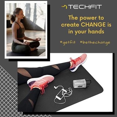 Йога мат TechFit: неслизька, товста (10 мм), для фітнесу, пілатесу, кемпінгу, чорна