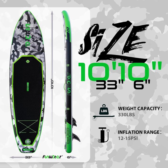 Надувний SUP Борд FunWater 10' Tarnserie: Комплект для веслування, з насосом, веслом та аксесуарами. Підходить для початківців та сімей