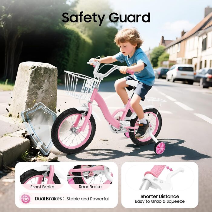 Дитяче велосипед 14 дюймів з додатковими колесами та кошиком, рожевий. Підходить для дітей 3-7 років, регульована висота сідла.