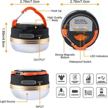 Ліхтар кемпінговий Flintronic LED, 2 шт., USB зарядка, Powerbank 1800mAh, 4 режими, помаранчевий - для походу, риболовлі, аварійного освітлення