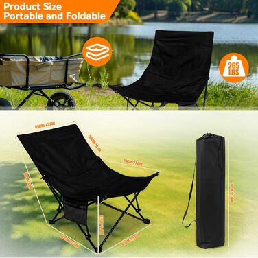 Складний стілець для кемпінгу, риболовлі та відпочинку на природі (150 кг), чорний