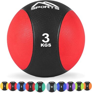MSPORTS Медичний м'яч 3 кг, професійна якість, червоний, з постером вправ