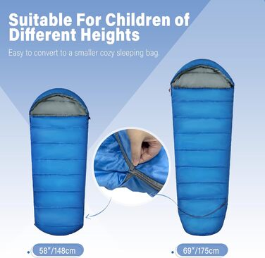 Спальний мішок REDCAMP для дітей, 175x65 см, блакитний/рожевий, 3-сезонний, для кемпінгу та відпочинку на природі