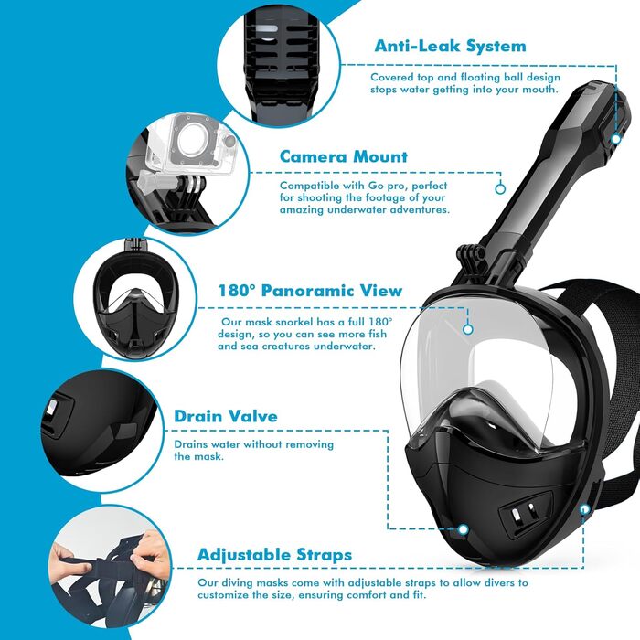 Маска для снорклінгу повного обличчя з системою сухого дихання та тримачем для камери, 180° огляд (Чорний, Зелений/Чорний, S/M)