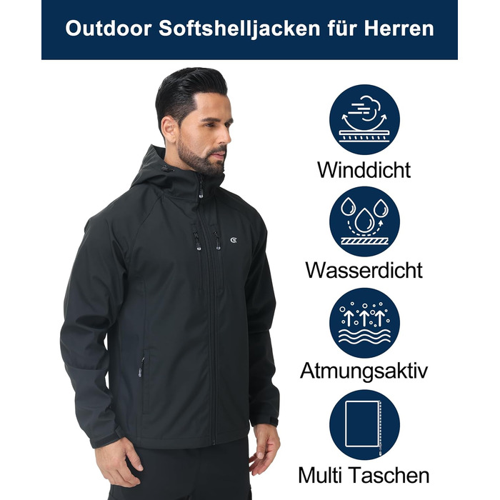 Чоловіча куртка Softshell Huayuzh — водонепроникна, вітрозахисна та дихаюча outdoor куртка для походів, кемпінгу та прогулянок, чорна, розмір S