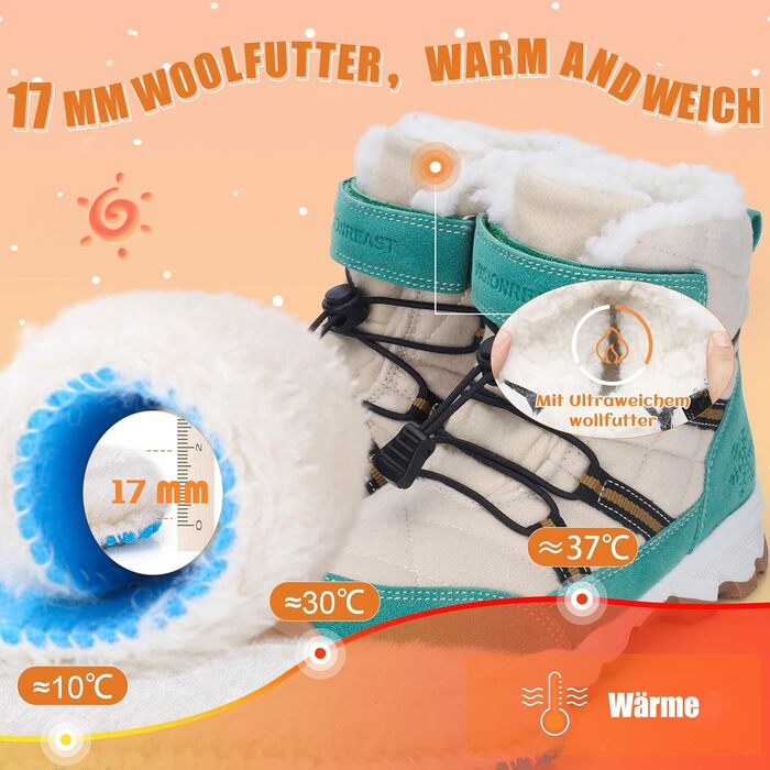 Зимові черевики для дівчаток та хлопчиків VisionReast: тепла вовняна підкладка, підошва з неслизьким протектором, для прогулянок та походів (зелені, 37 EU)