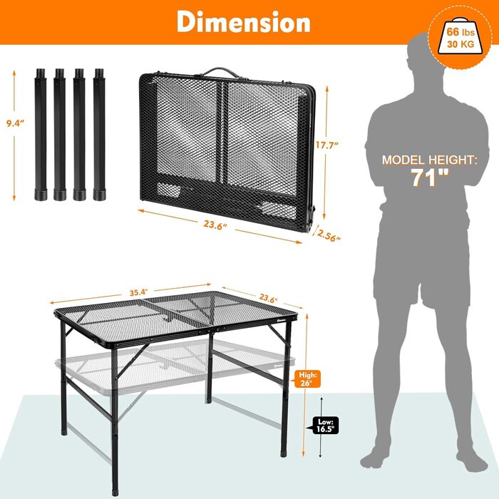 Складаний туристичний стіл EASTSTORM 60x40 см з металевою сіткою, 2 рівня висоти, для кемпінгу та відпочинку на природі (90 x 60 см)