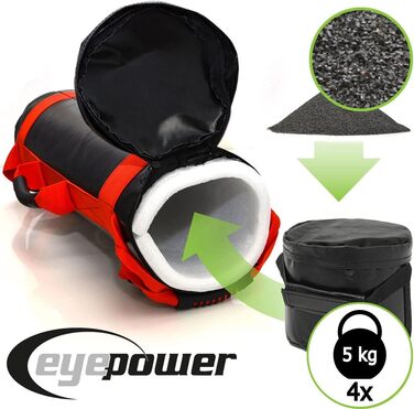Eyepower Професійний силовий мішок 20 кг + 4 водонепроникні гирі з залізним піском, 6 ручок, фітнес-сендбег для дому, тренування преса та спини, чорний-червоний