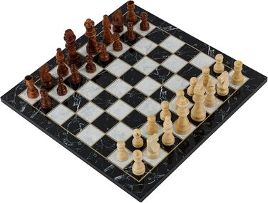 Класична шахова дошка з дерева HBS GAMES, 37 см, чорний мармур, ручна робота, набір шахи та шашки, сімейна настільна гра