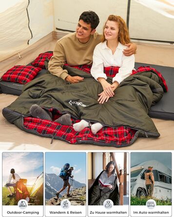 Спальний мішок KingCamp на 2 особи з фланелі, зимовий, для кемпінгу та відпочинку на природі, 3-4 сезони, з 2 подушками, підходить для дітей та дорослих (зелений)