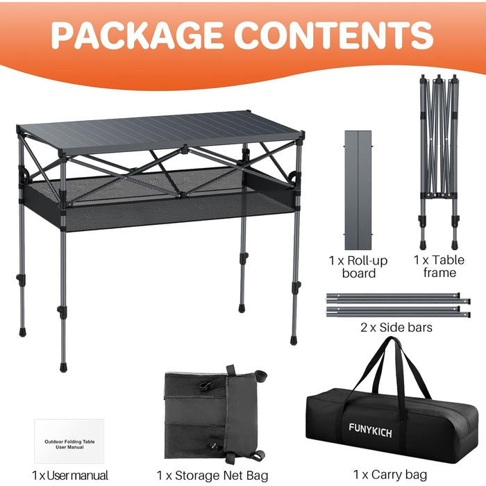 Складаний туристичний стіл FUNYKICH 82x40 см з регулюванням висоти (44/70 см), з сітчастою кишенькою, для пікніка, кемпінгу, BBQ, саду, партії. Розміри: 100x50x(70/87) см