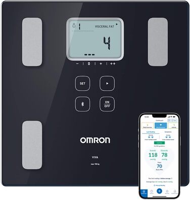 OMRON Viva – розумні ваги-аналізатор складу тіла з Bluetooth і додатком, вимірювання жирової маси, ваги, вісцерального жиру, м'язової маси, базового обміну та ІМТ; для 4 користувачів, тонометр з Bluetooth
