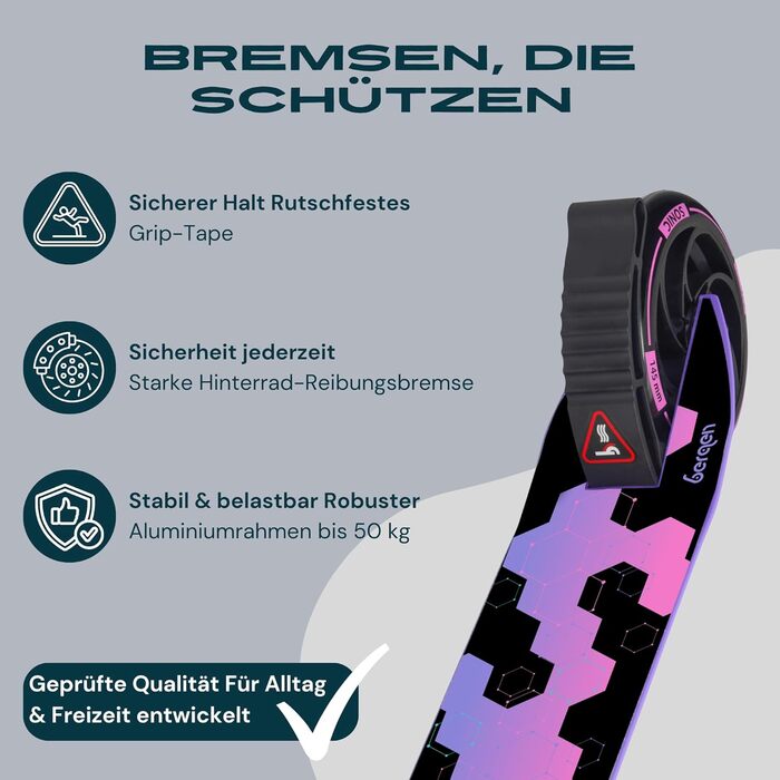 Самокат міський Bergen City Scooter Sonic - алюмінієвий, колеса PU 145мм, амортизатор, гальмо заднє, регульована висота (5+ років), легкий, білий/чорний/рожевий/фіолетовий