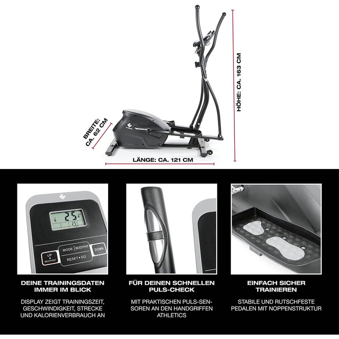 FitEngine Crosstrainer з 10 рівнями навантаження, великим дисплеєм та тримачем для планшета/смартфона, датчиками пульсу та неслизькими педалями (до 150 кг)