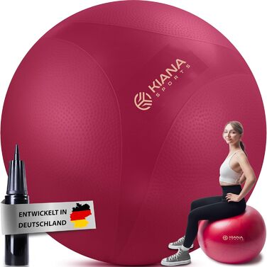 Гімнастичний м'яч KIANA SPORTS® для фітнесу та офісу - 4 розміри, з неслизькою поверхнею, з насосом та планом тренувань, XL (для зросту від 180 см), Бордовий